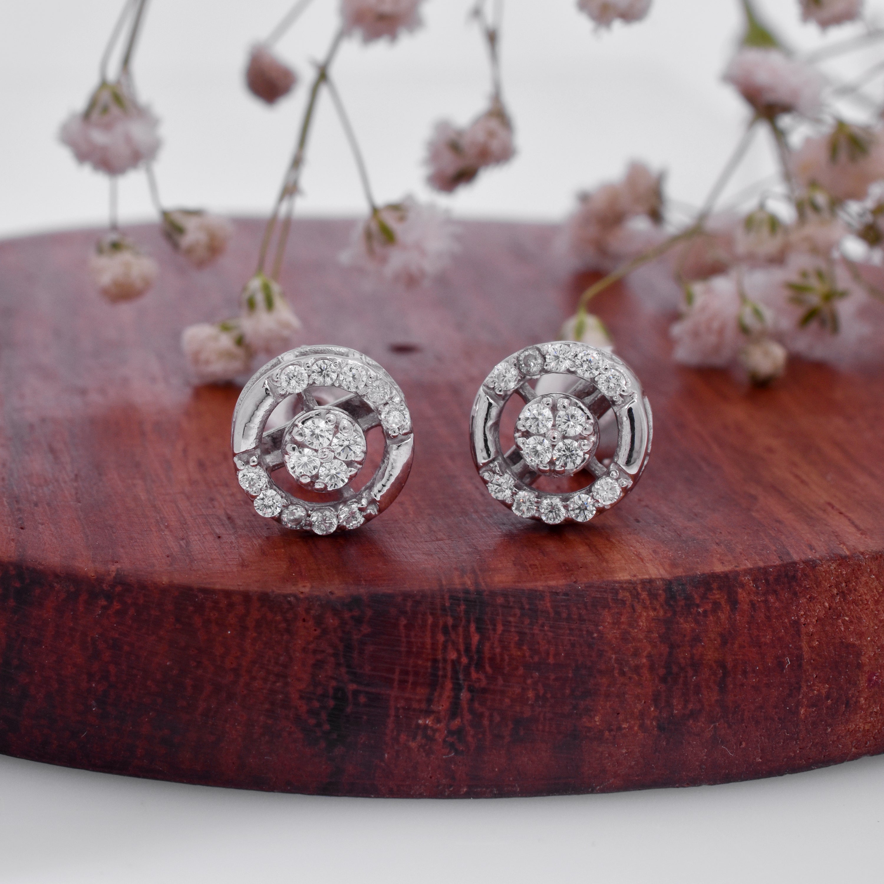Designer 925 Silver Halo Round Stud Earrings – Chic and Elegant Jewelry for Women
