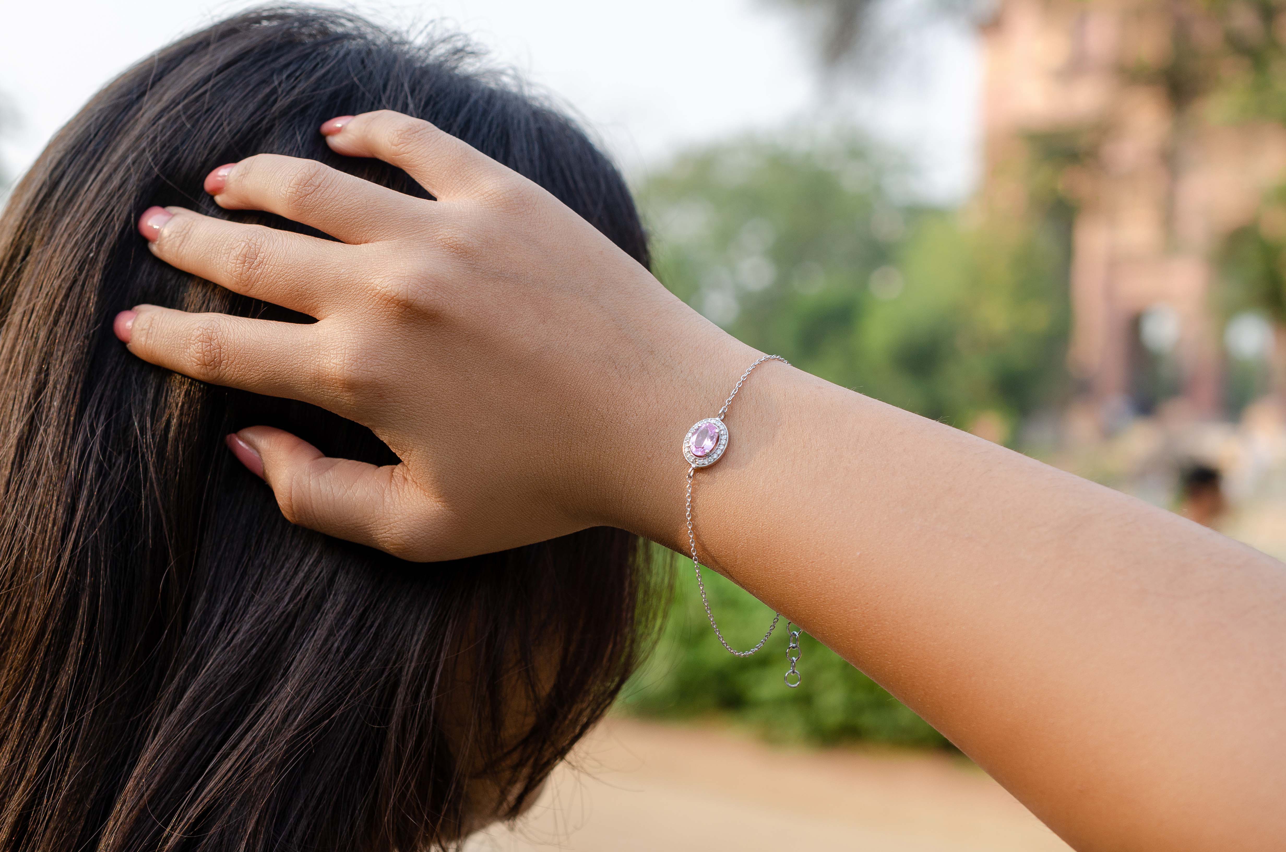 Chic Sophistication: 92.5 Sterling Silver Pink Oval Bracelet