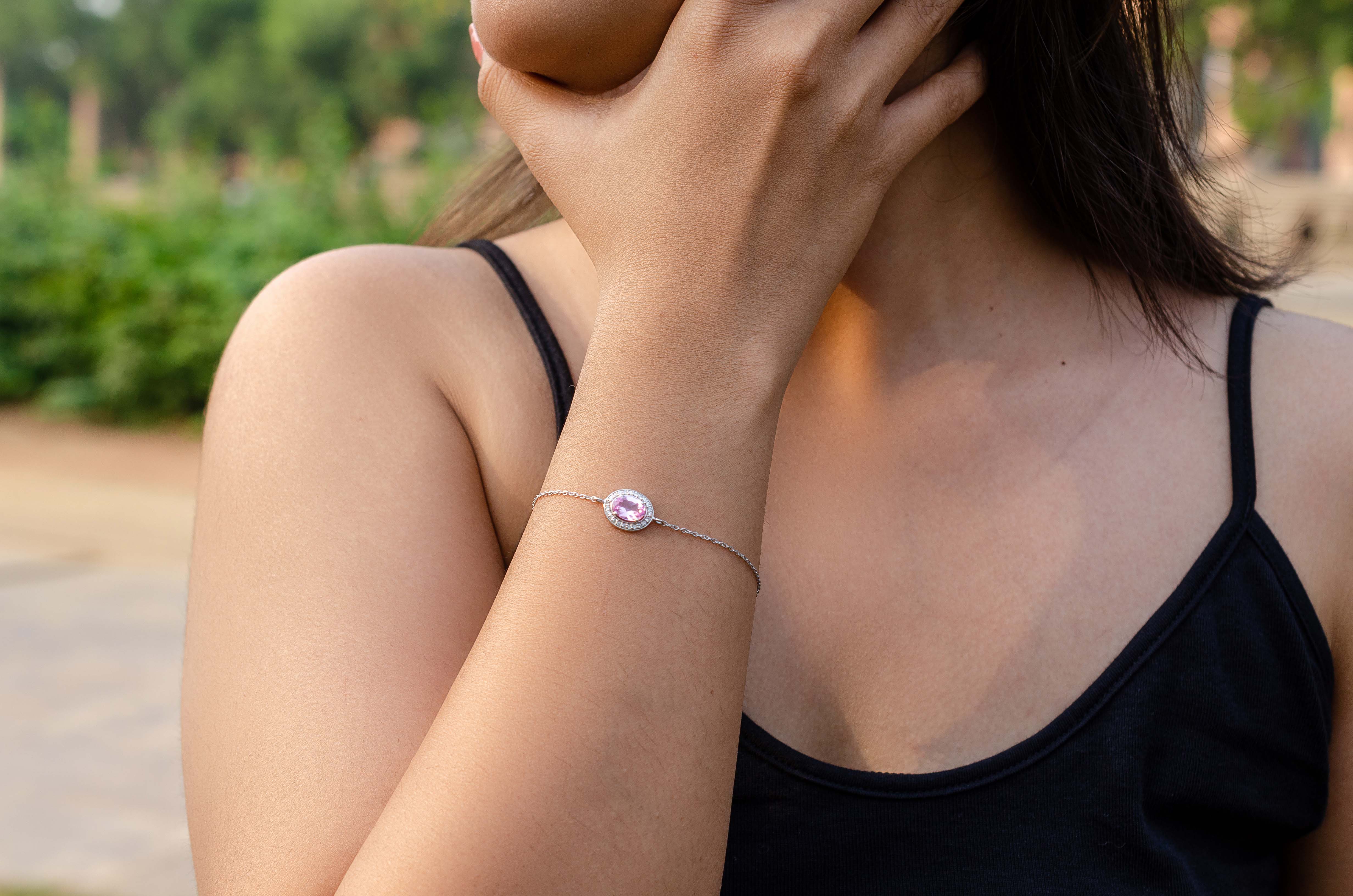 Chic Sophistication: 92.5 Sterling Silver Pink Oval Bracelet