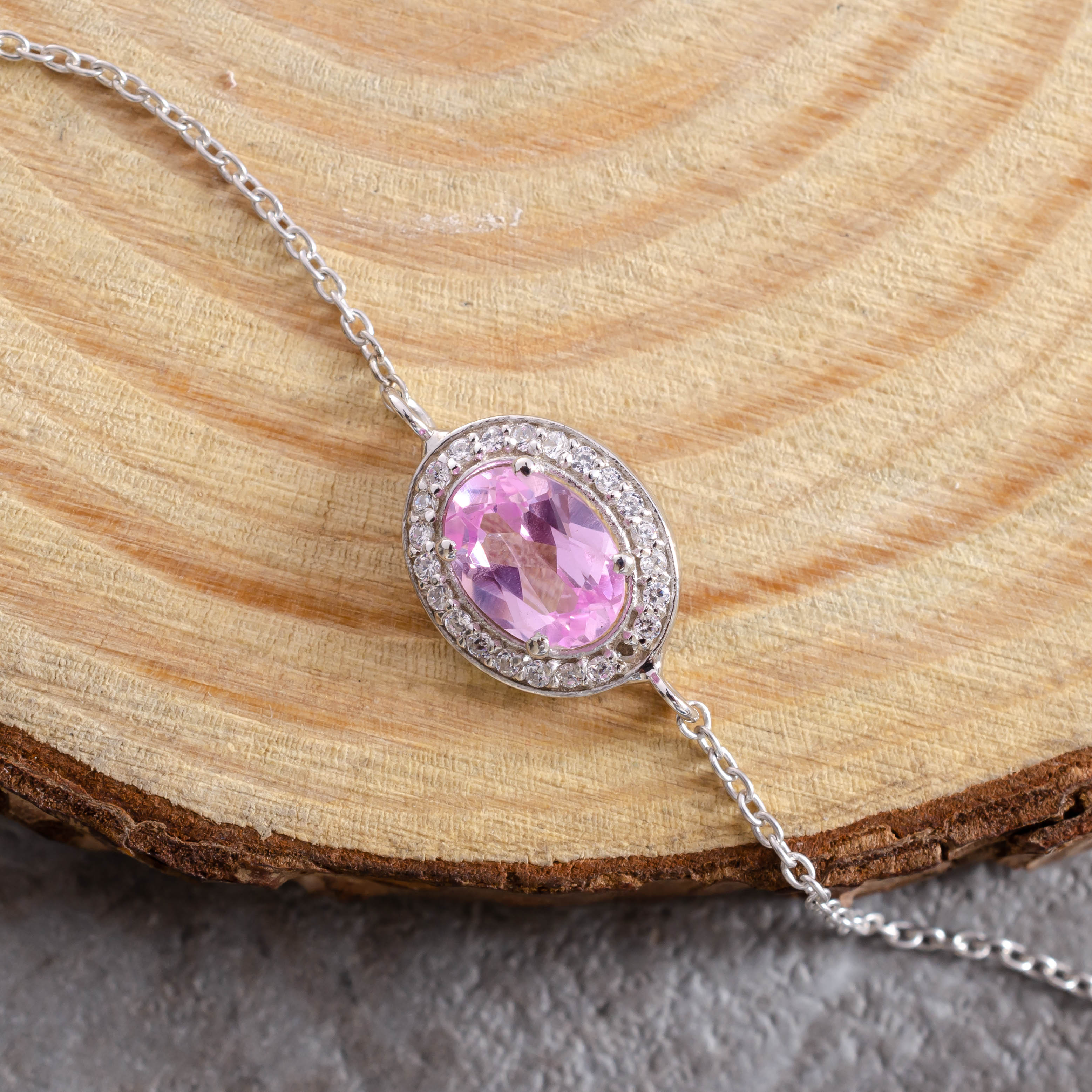 Chic Sophistication: 92.5 Sterling Silver Pink Oval Bracelet