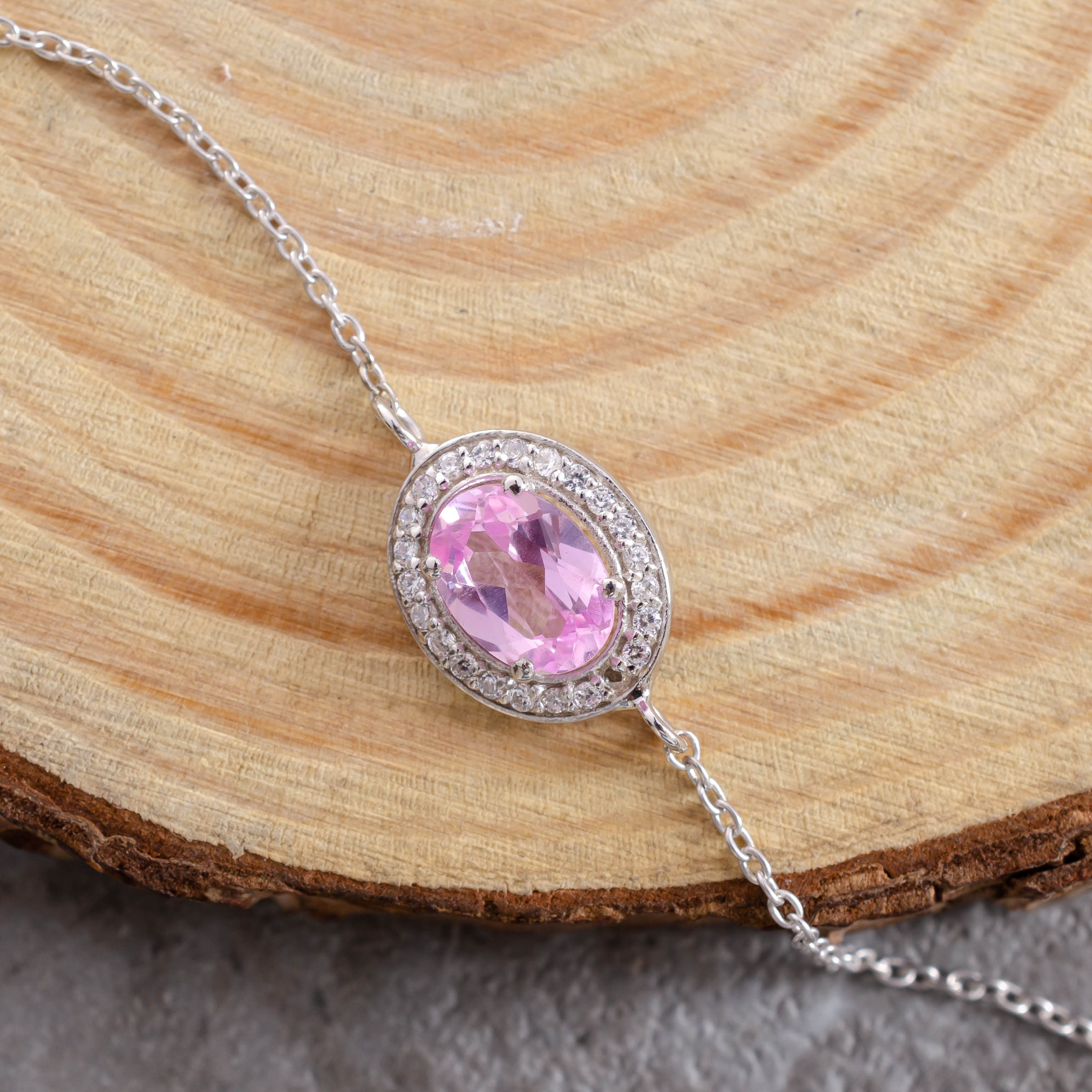 Chic Sophistication: 92.5 Sterling Silver Pink Oval Bracelet