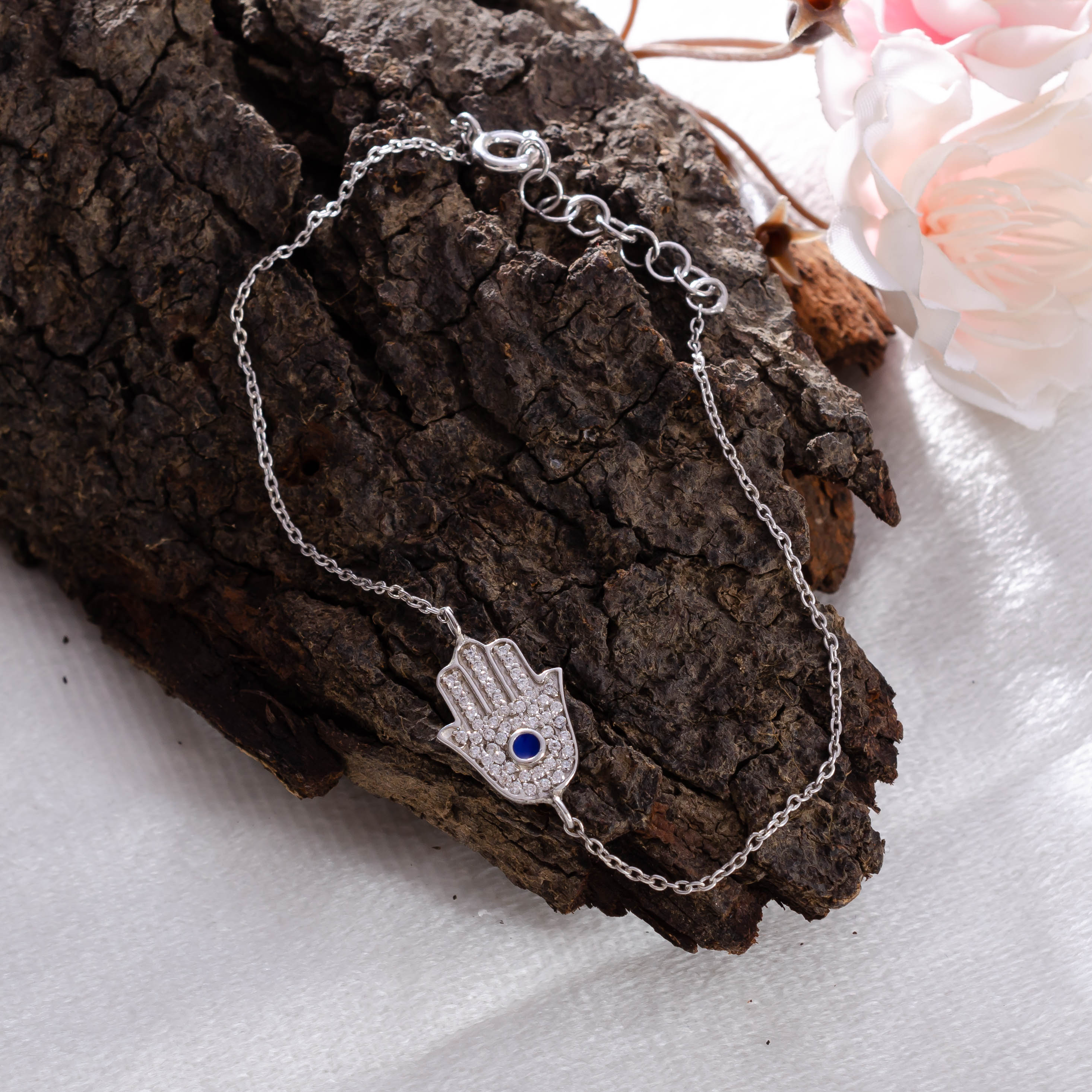 Protective Elegance: 92.5 Sterling Silver Evil Eye Hamsa Bracelet