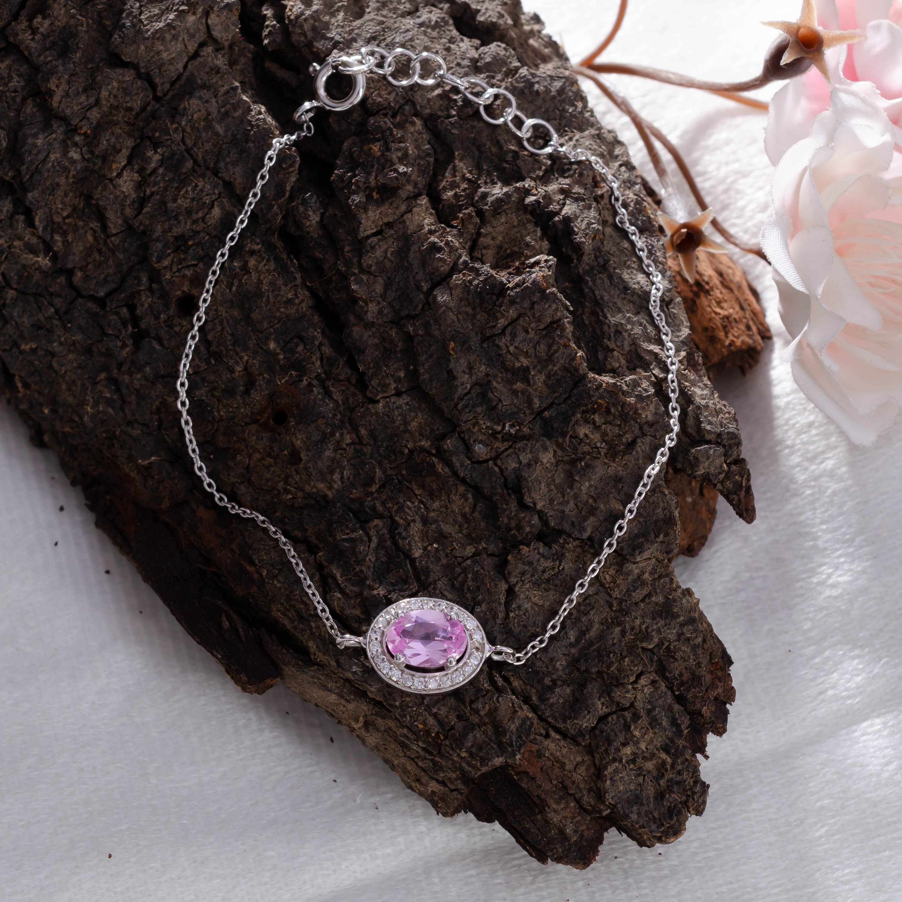 Chic Sophistication: 92.5 Sterling Silver Pink Oval Bracelet