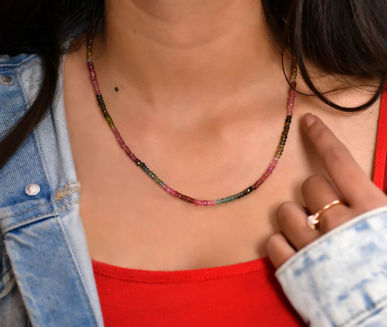 92.5 Sterling Silver Tourmaline Gemstone Beads Necklace – Elegant & Colorful Statement Jewelry
